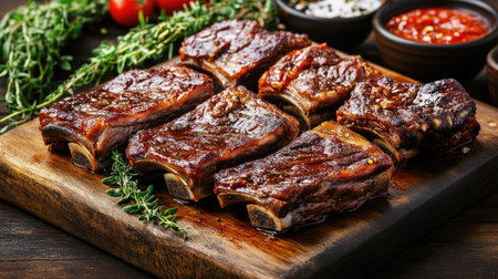 Experience the rich flavors of perfectly grilled meat served on a rustic wooden board, garnished with fresh herbs and spices for a delicious meal.の素材