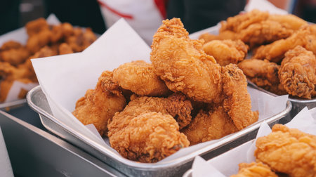 A tempting display of golden, crispy fried chicken served in a silver tray, perfect for meals, catering events, or street food markets. Ideal for food enthusiasts.の素材