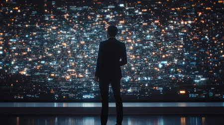 A person stands silhouetted against a vast data screen filled with luminous digital lights, representing technology and the future of information analysis.の素材