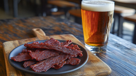 A delicious plate of savory jerky beside a cold glass of beer, perfect for casual gatherings or a relaxing afternoon snack in a rustic setting.の素材