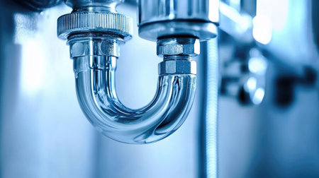 A close-up image showcasing a clear plumbing pipe with shiny metal fittings. Ideal for use in articles about plumbing repairs, installations, or home maintenance.の素材