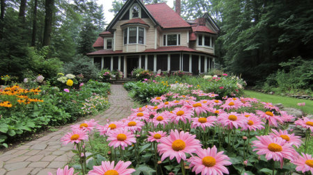 A charming home nestled in a vibrant flower garden, showcasing blooming pink flowers and lush greenery, creating a picturesque and tranquil outdoor scene.の素材