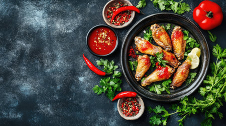 A vibrant arrangement of delicious spicy chicken wings served on a dark surface, garnished with fresh herbs, lemon, and chili for a flavorful meal.の素材