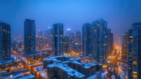 A captivating view of a snowy urban skyline illuminated at night, showcasing high-rise buildings amidst a serene blue atmosphere. Perfect for winter themes.の素材