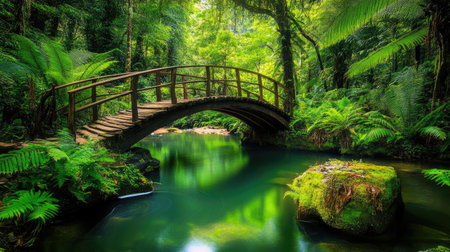 A picturesque scene of a wooden bridge over a calm river surrounded by vibrant greenery, creating a tranquil atmosphere perfect for nature lovers and outdoor enthusiasts.の素材