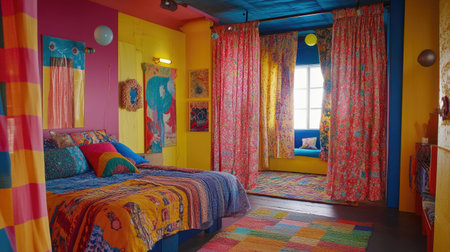 A vibrant bedroom featuring colorful walls and curtains. The decor showcases artistic patterns and a cozy atmosphere, perfect for relaxation and creativity.の素材