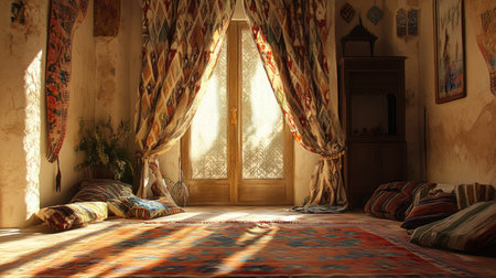 A serene interior showcasing warm light filtering through colorful curtains, enhancing a cozy atmosphere with plush cushions and patterned textiles.の素材