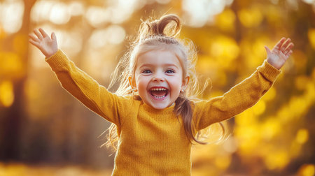 A joyful young girl with open arms smiles brightly in an autumn setting, surrounded by golden leaves and warm sunlight, capturing the essence of happiness.の素材