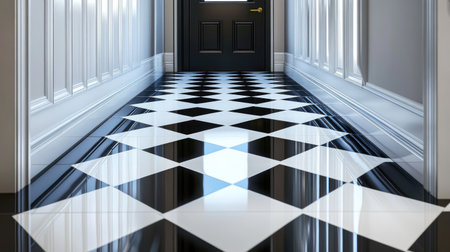 A stylish black and white checkered floor enhances the elegance of a hallway leading to a closed door, showcasing modern interior design and light reflections.の素材
