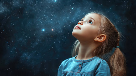 A young girl gazes up in awe at the sparkling night sky, filled with stars and galaxies. Her expression reflects wonder and curiosity, evoking dreams of exploration.の素材