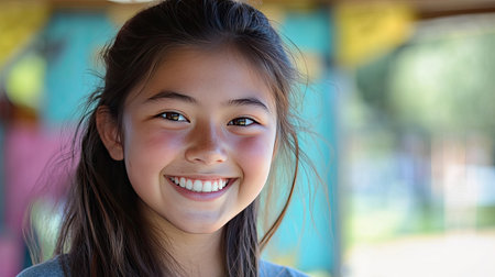 A delightful portrait of a young girl smiling brightly in an outdoor setting. Her joyful expression radiates happiness against a colorful background.の素材