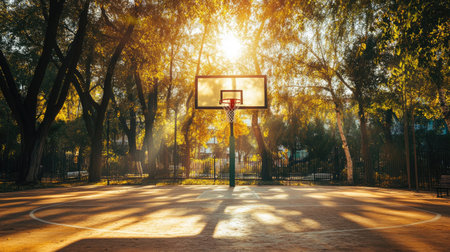 A tranquil basketball court surrounded by lush trees, illuminated by warm sunlight, perfect for outdoor sports and leisurely activities in nature.の素材