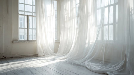 A serene interior space featuring soft sheer white curtains gently draping by large windows, creating a bright and tranquil atmosphere filled with natural light.の素材