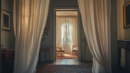 A serene interior scene featuring sheer curtains that beautifully filter sunlight, highlighting elegant furnishings and a warm, inviting atmosphere.の素材