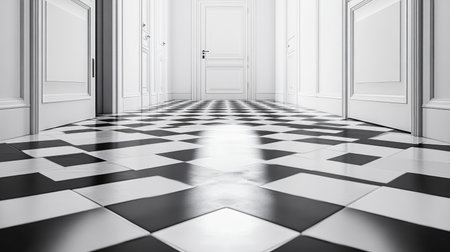 A stylish and modern hallway showcasing an elegant black and white tiled floor. Doors line the walls, reflecting a light, minimalist aesthetic suitable for residential or commercial spaces.の素材