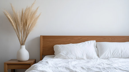 A cozy bedroom scene featuring a minimalistic decor with a wood bed frame, fluffy white pillows, and a stylish vase of pampas grass, creating a serene ambiance.の素材