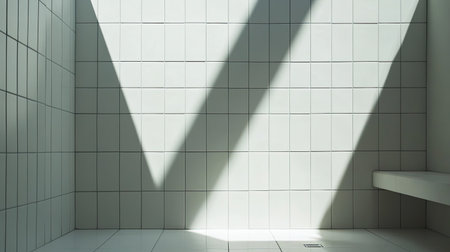 A minimalist interior featuring light and shadow play on tiled walls, creating a serene ambiance. Ideal for design-focused projects highlighting simplicity.の素材