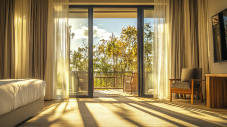 A serene hotel room featuring large windows that open to a beautiful nature view. The warm sunlight creates a peaceful atmosphere, perfect for relaxation.の素材