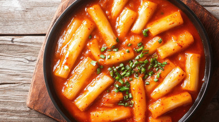 A vibrant and spicy Korean dish featuring radish sticks immersed in a rich, flavorful sauce, garnished with fresh herbs, perfect for a satisfying meal.の素材