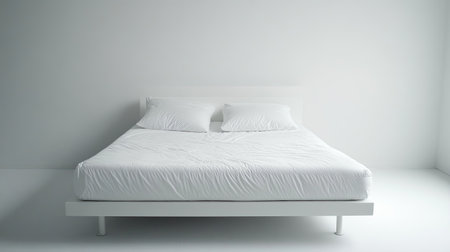 A minimalistic white bedroom featuring a simple bed arrangement and two pillows. The clean, spacious design offers a serene atmosphere ideal for relaxation and rest.の素材