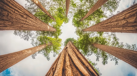 Immerse yourself in the serenity of a foggy forest, showcasing majestic redwood trees reaching toward the sky. This peaceful grove invites nature lovers to experience tranquility and beauty.の素材