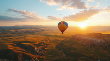 a hot air balloon drifting peacefully over a vast landscape, with the sun rising behind the colorful balloon.の素材