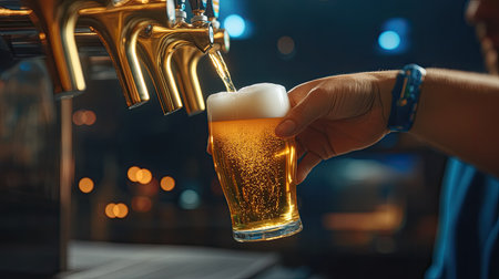 A bartender skillfully pouring fresh draft beer into a pint glass, showcasing the golden liquid and frothy foam, perfect for a lively bar atmosphere.の素材
