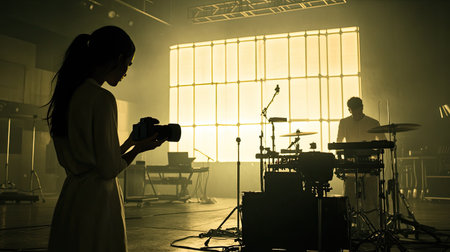 A photographer captures a musician in a dramatic studio setting, highlighting the interplay of light and shadow while emphasizing creativity and artistry.の素材