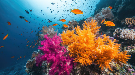 Discover the stunning beauty of a vibrant coral reef teeming with colorful fish. This underwater scene highlights the rich biodiversity and vivid colors of marine life.の素材