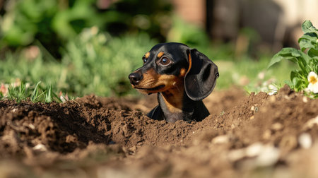 A curious dachshund puppy enjoys digging in the garden, surrounded by rich soil and vibrant greenery. This adorable scene captures the playful spirit of pets.の素材