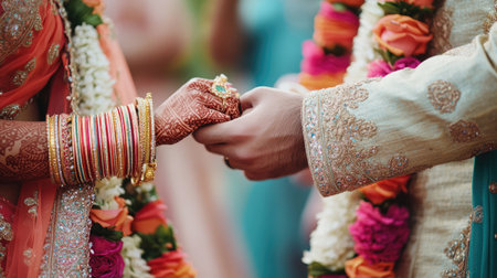 Captivating moment of a couple's wedding ceremony, showcasing traditional attire and intricate jewelry, symbolizing love and unity through shared rituals.の素材