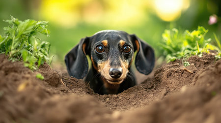 A charming dachshund peeks out from a freshly dug area, showcasing its expressive eyes and soft fur. The warm sunlight highlights the serene outdoor setting.の素材