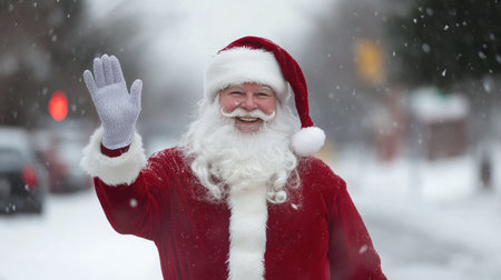 A cheerful Santa Claus waves joyfully in a winter scene, surrounded by soft falling snow. This festive image captures the spirit of Christmas with warmth and happiness.の素材