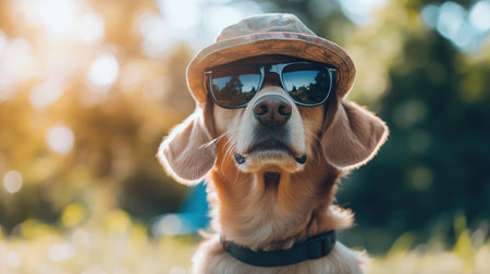 A stylish dog wearing sunglasses and a hat enjoys the sunny outdoors, embodying a playful and carefree summer vibe in a natural setting.の素材