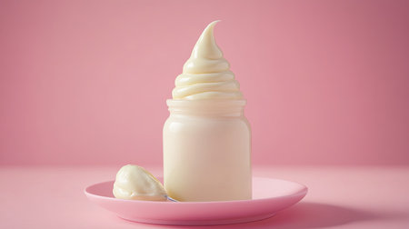 This image showcases a creamy soft serve dessert in a jar with a spoon, set against a minimalist pink backdrop, ideal for food and dessert themes.の素材