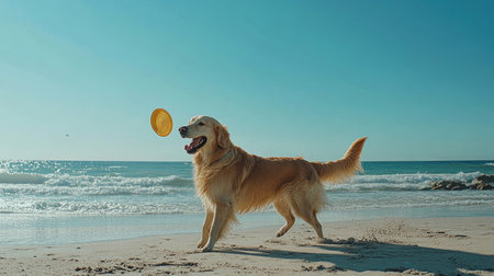 A golden retriever joyfully fetches a frisbee on a sunny beach, capturing the essence of fun and playfulness in a vibrant outdoor setting.の素材