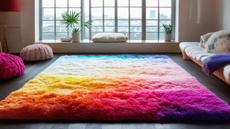 A vibrant and colorful gradient rug adds a playful touch to a modern living room. The soft texture enhances comfort and creates a cozy atmosphere.の素材