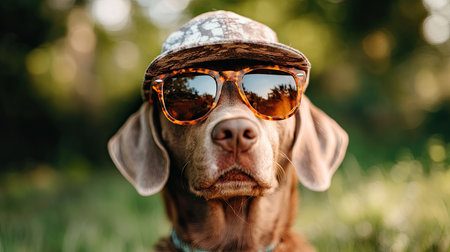 A sophisticated dog wearing sunglasses and a stylish hat enjoys a sunny day outdoors. The image captures the playful spirit and charm of this lovely pet.の素材