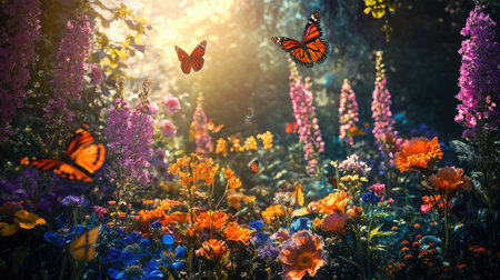 A breathtaking garden scene featuring a variety of colorful flowers and butterflies in flight. The sunlight creates a serene and vibrant atmosphere.の素材
