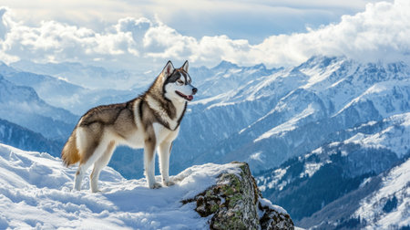 A majestic Siberian Husky stands proudly on a rocky outcrop in a snowy mountain landscape, capturing the essence of winter adventure and natural beauty.の素材