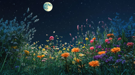 A mesmerizing view of a vibrant flower field illuminated by the moonlight, showcasing a variety of colorful blossoms against a starry night sky.の素材