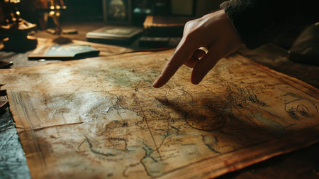 A vintage map displayed on a wooden table, with a hand pointing at a specific location, representing exploration and adventure through history.の素材