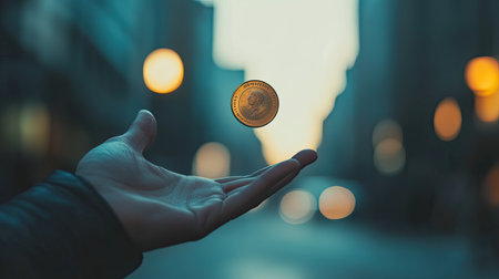 A captivating image of a coin tossed above an outstretched hand, set against an urban backdrop during dusk. The bokeh effect adds allure to the scene.の素材