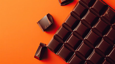 Vivid dark chocolate pieces arranged on a bright orange background, perfect for showcasing indulgence and culinary creativity in food photography.の素材