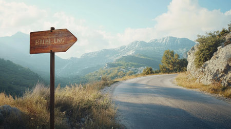 A winding road leads through stunning mountainous terrain, marked by a rustic wooden sign. This peaceful landscape evokes a sense of adventure and exploration in nature.の素材