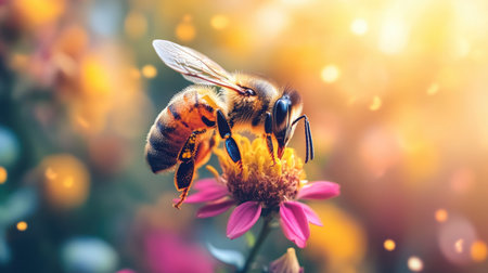 A vibrant bee busily pollinates a colorful flower, showcasing nature's beauty and the vital role of insects in the ecosystem. Perfect for wildlife and nature themes.の素材