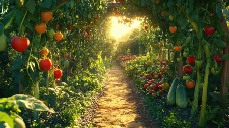 A picturesque garden pathway lined with vibrant vegetables and fruits, highlighted by warm sunlight filtering through lush greenery, creates a serene outdoor escape.の素材