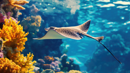 A stunning stingray gracefully swims through a vibrant coral reef, showcasing the beauty of marine life in a sunlit underwater environment. Perfect for nature lovers.の素材