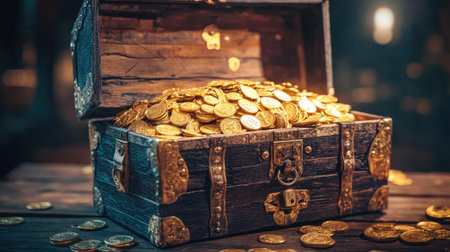 An ornate treasure chest overflowing with shiny gold coins, representing wealth and adventure. Perfect for themes of discovery, mystery, and fortune.の素材