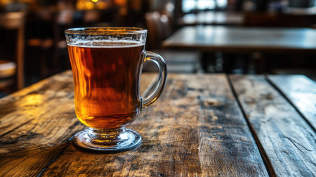 A close-up of a mug filled with amber beer resting on a rustic wooden table. The warm tones create a cozy atmosphere perfect for social gatherings.の素材
